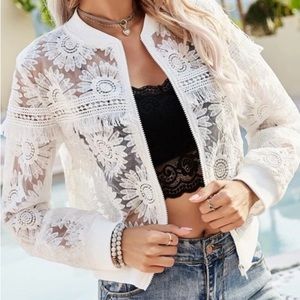 Sheer Lace Fringe Zip Floral Bomber Jacket